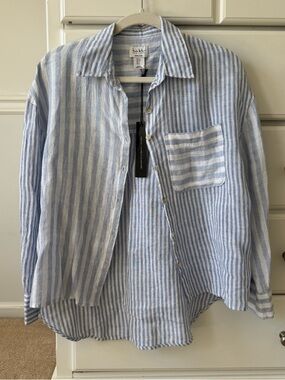 Nicole Miller Blue and White Striped Linen Button-Down Shirt